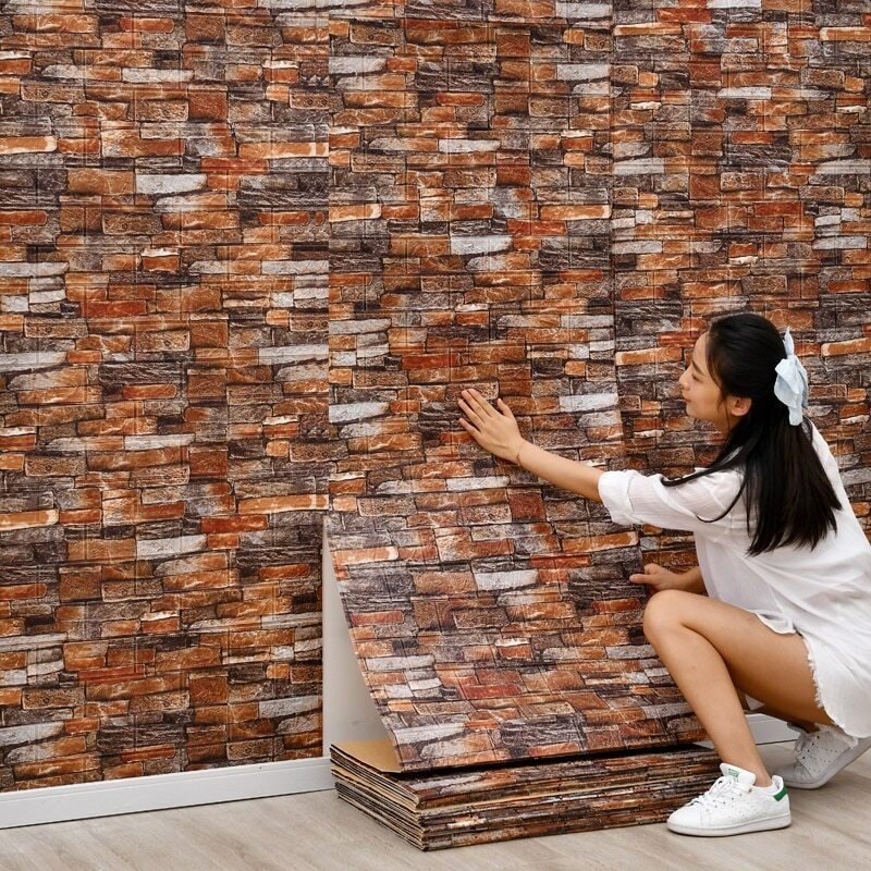 Pegatina de pared 3D de imitación de ladrillo para decoración del hogar, papel tapiz autoadhesivo impermeable para sala de estar, 77cm x 70cm, 1 unidad