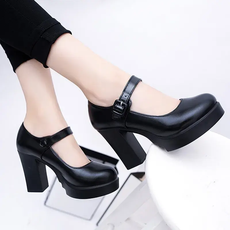 High Heel Square Heel Mary Janes Round Toe Buckle Strap Ladies Shoes 2024 Fashion Spring/autumn Shallow Solid Party Pumps