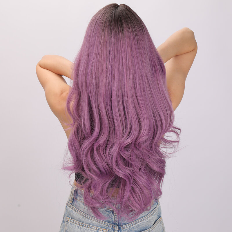Smilco Light Purple Synthetic Curly Wig For Women Middle Part Long Wave Hair Daily Cosplay Party Natural Heat Resistant Wigs