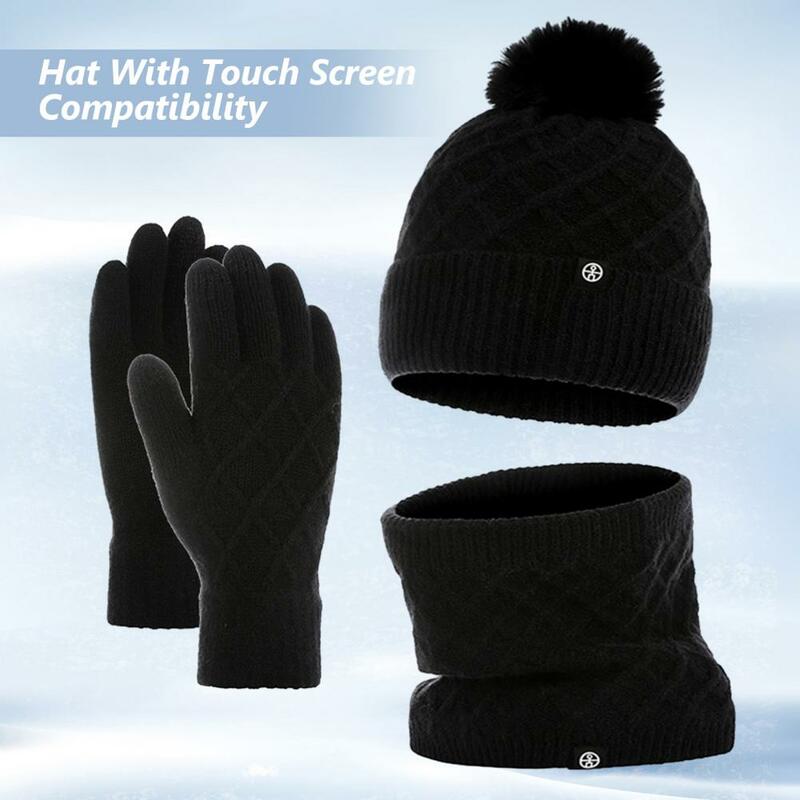 Set syal hangat sarung tangan layar sentuh, aksesoris musim dingin hangat topi syal sarung tangan untuk uniseks elastis Anti selip untuk luar ruangan