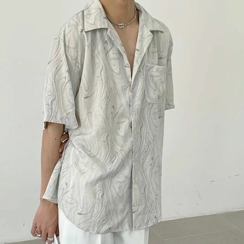 Fashionable Korean style fresh wavy pattern short-sleeved shirt for men 2024 summer y2k niche lazy loose casual shirt top