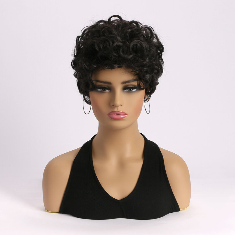 Syntetyczne krótkie kręcone czarne peruki fryzura Pixie Remy brazylijskie włosy peruki dla kobiet Afro perwersyjne kręcone codziennego użytku sztuczne włosy
