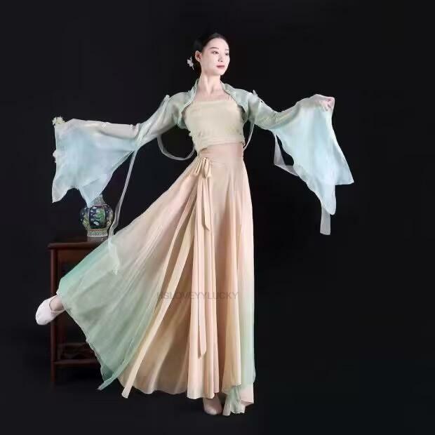 Vestido de dança tradicional chinesa, estilo solto, elegante, clássico, treinamento, hanfu, traje de qipao, 3 peças