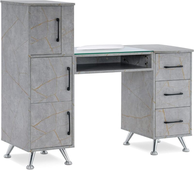BarberPub Manicure Table, Nail Makeup Desk with Drawers, Storage Beauty Salon Workstation 2611 (Gold&Grey)