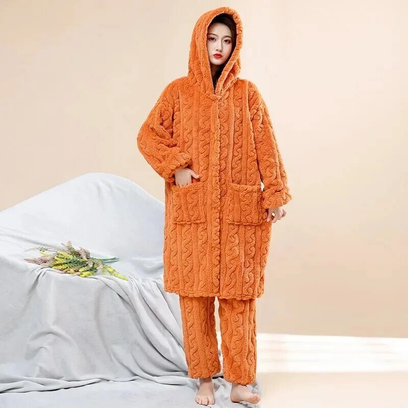 Модная женская пижама, фланелевая одежда для сна, новинка 2023, Женская осенне-зимняя длинная пижама из кораллового бархата, комплект из 2 предметов, домашняя одежда