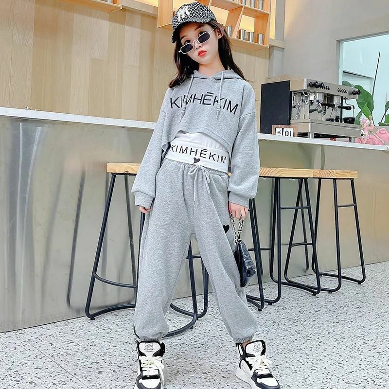 Girls Spring Summer 3PCS Casual Fashion Korean Style Hoodie+Jogging Pants For 6 8 9 10 12 Years Teenage Girls Sports Clothes