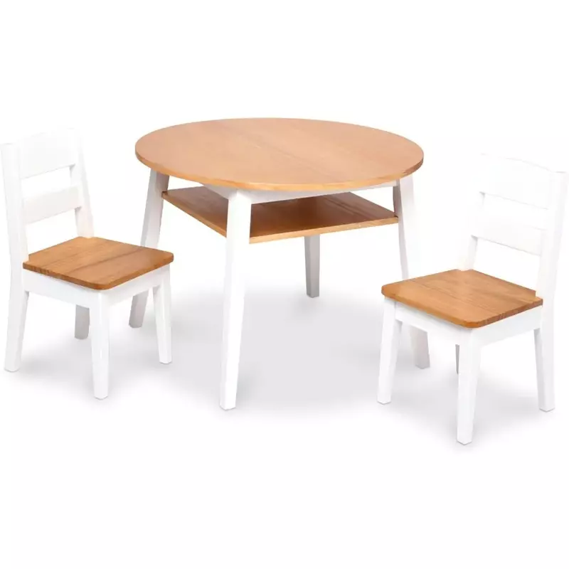 Conjunto de móveis de mesa de madeira infantil, grão de madeira clara e branco, acabamento de 2 cores, atividade de 2 tons
