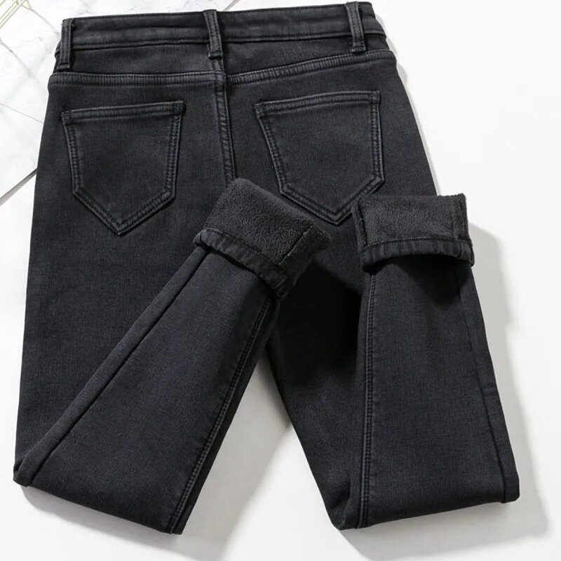 Зимние Бархатные Синие джинсы-карандаш, утепленные теплые женские узкие джинсы со средней талией, модные плюшевые джинсовые Капри, облегающие джинсовые брюки