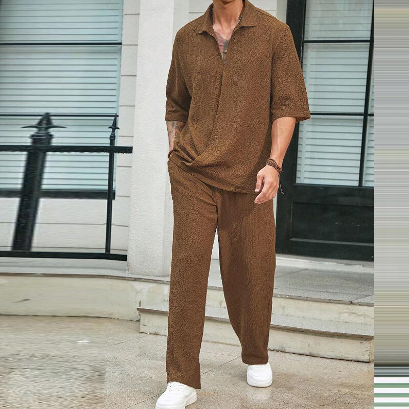 Мужской винтажный комплект из двух предметов, Повседневная хлопковая рубашка и брюки, кардиган с полурукавами и асимметричным подолом, весна-лето 2024