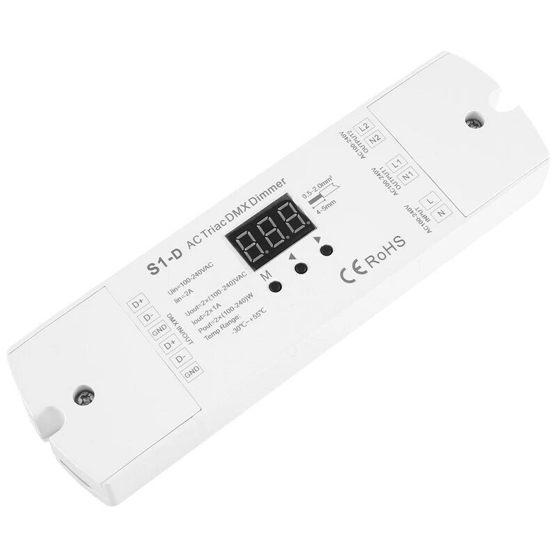Atenuador LED Triac DMX AC100V-240V, 288W, 2 canales, salida de doble canal, controlador Led DMX512 de silicona, pantalla Digital, S1-D, blanco