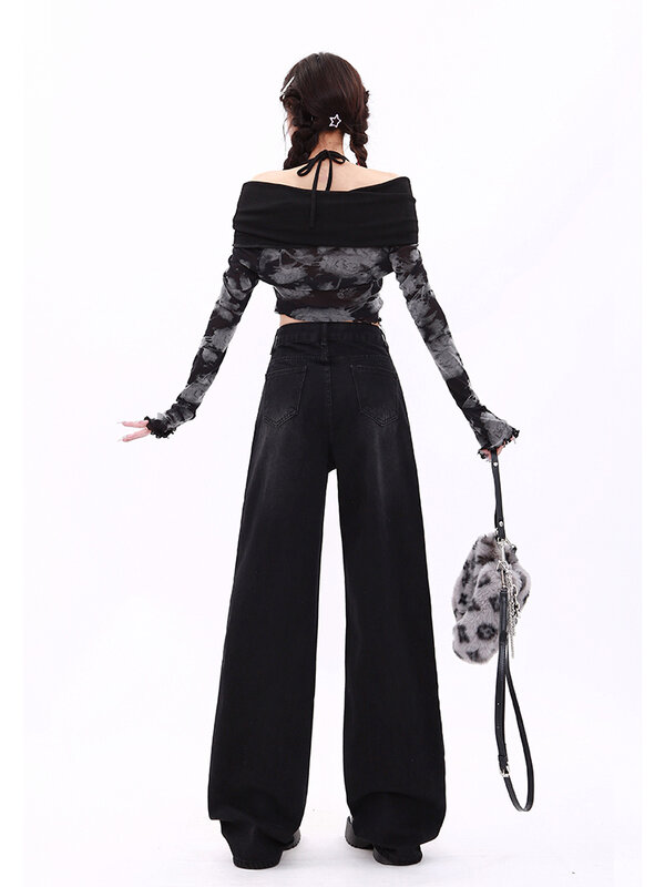 Jean gothique noir surdimensionné pour femme, pantalon en denim Baggy, vêtements Trashy Emo, style des années 2000, Vintage, Harajuku, Y2K, fjjaponais