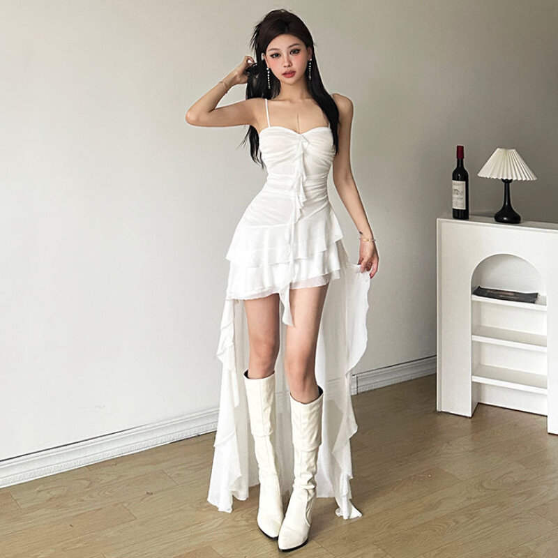 HOUZHOU-Vestido feminino de estética assimétrica, vestidos de malha sexy, sem mangas, vestido preto de baile, roupa doce, plissado, branco