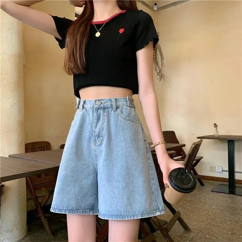 Celana pendek Denim wanita remaja, pakaian jalanan tinggi keren gaya santai longgar mode desain Splice Vintage baru