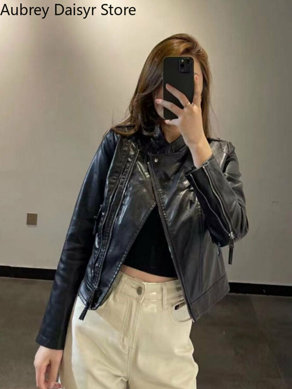 Moda coreana preto jaqueta de couro feminino inverno irregular zíper motociclista jaqueta de couro streetwear vintage cortado casaco feminino novo