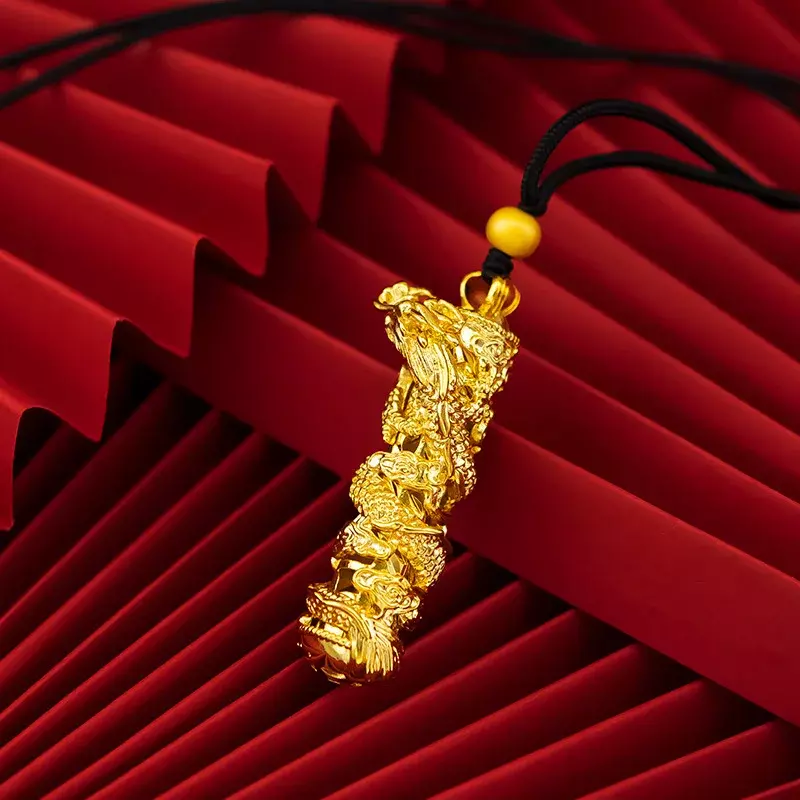 Grand pendentif cylindrique pour homme, plaqué or 24 carats, dragon chinois, plaque d'or de sable du Vietnam, cadeau
