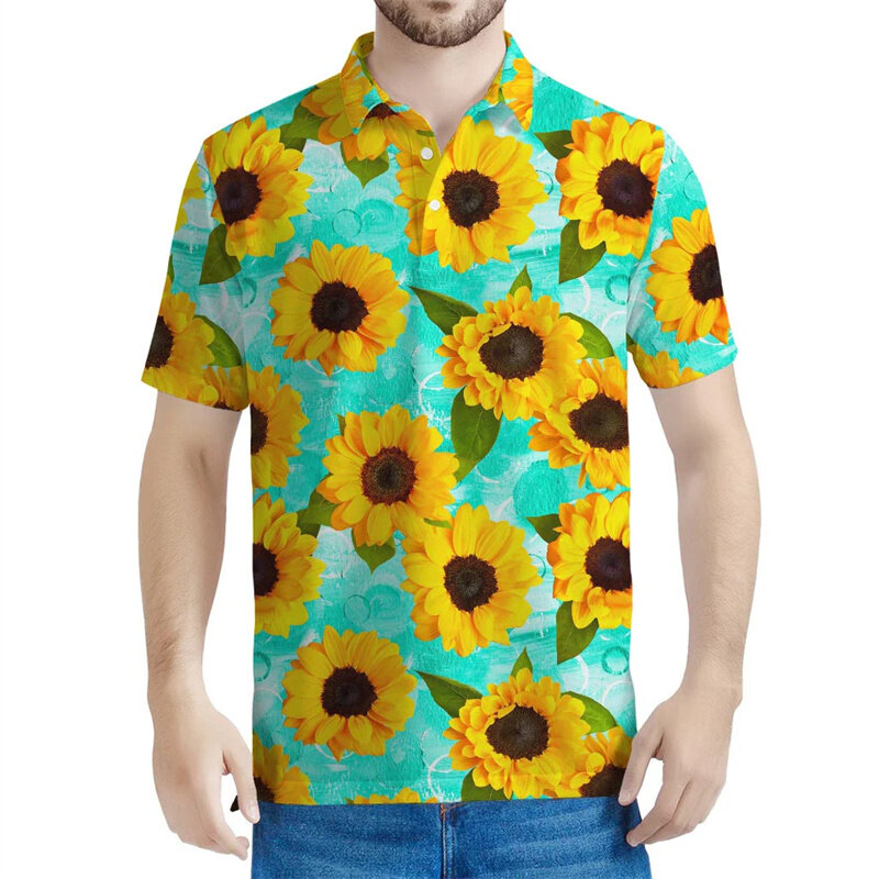 男性用のヒマワリのイメージポロシャツ,3Dプリントの花,半袖,夏のストリートウェア,ラペルTシャツ,ボタンTシャツ,ファッション