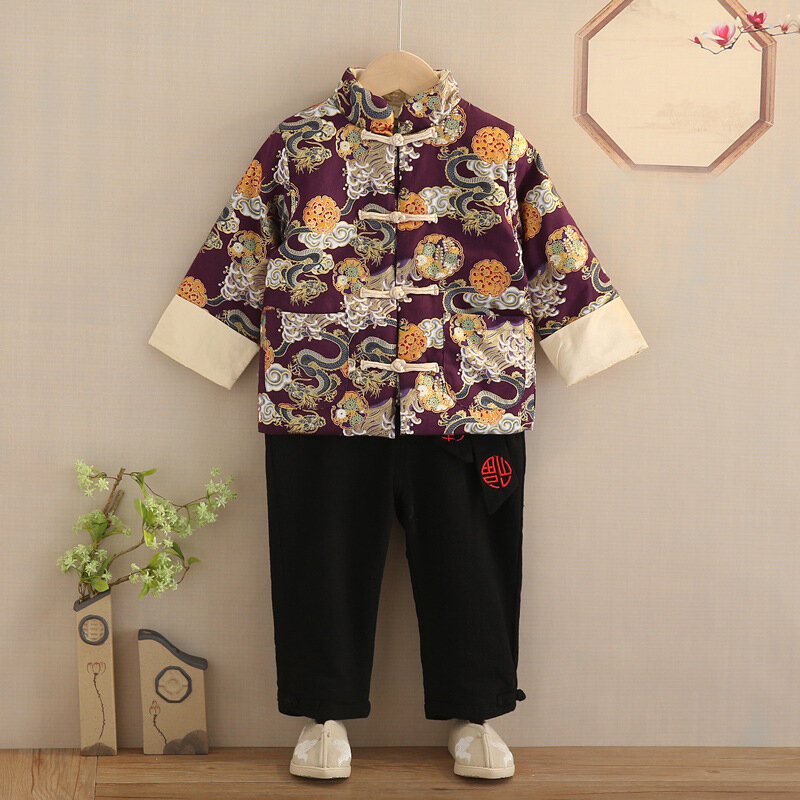 New Year Tang Suit Chinese Traditional Clothing for Kids Baby Hanfu 2Pcs Sets Cotton Long Sleeve Embroidery Winter Boy Girl Gift