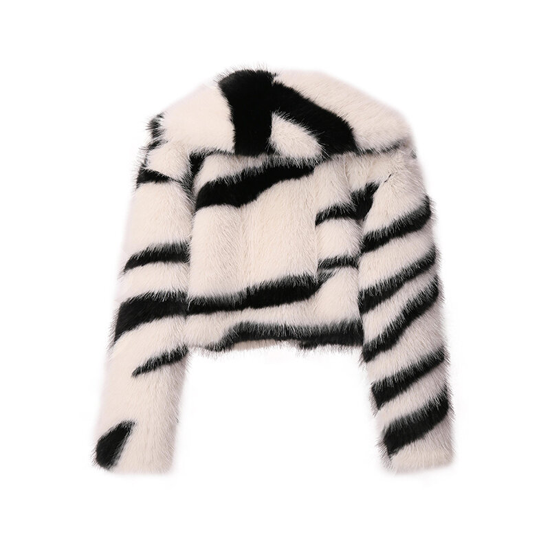 2023 Winter Zebra Faux Fur Coats Women Goth Punk Fluffy Big Collar Faux Fox Fur Short Jackets Y2K Loose Furry Outwear Overcoats