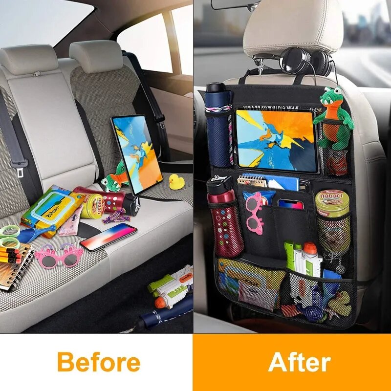 Organizador de asiento trasero de coche con soporte para tableta con pantalla táctil, bolsillos de almacenamiento automáticos, cubierta, protectores traseros de asiento de coche, accesorios de coche