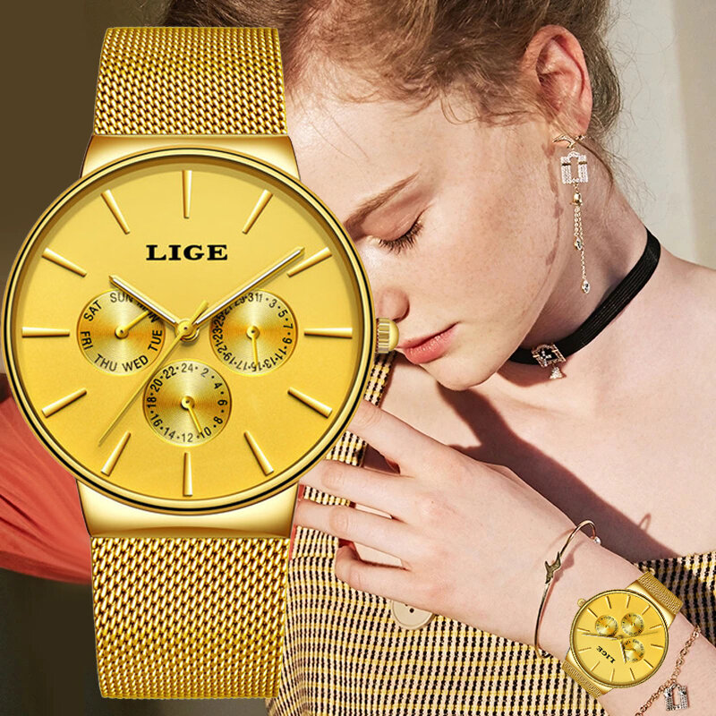 Lige-クラシックな女性用腕時計,ゴールド,ローズ,トップブランド,ラグジュアリー,ビジネスファッション,カジュアル,防水,クォーツ,カレンダー