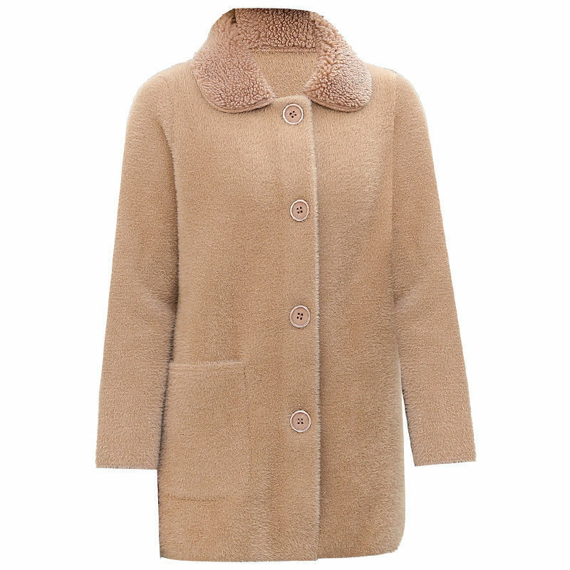Outono e inverno imitação de vison lã quente casaco de pele tudo-em-um feminino grão gola quadrada solto cardigan