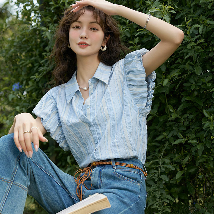 Blusa de babados de manga curta feminina, camisa solta, Y2K, tops kawaii, estilo coreano, chique e doce, roupa casual, sólida, verão