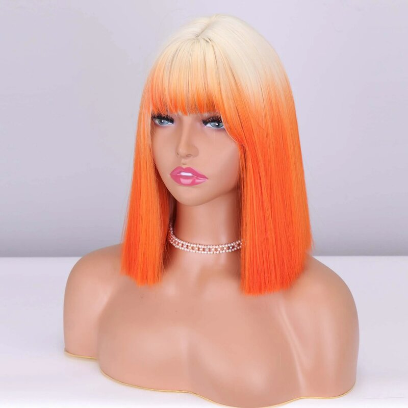 Krótkie syntetyczne proste blond Ombre pomarańczowy Bob peruki z grzywką dla kobiet Cosplay naturalna peruka termoodporna Party codziennego użytku