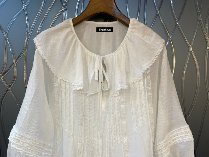 lingzhiwu Women White Blouse 2024 Summer Female Ruffled Collar Lace Decoration Mid-Length Shirt New Arrive