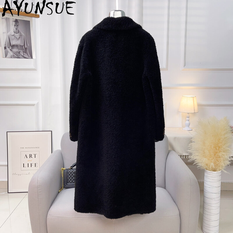 AYUNSUE-Casaco de pele longa feminino, jaqueta 100% tosquia ovelha, casaco de gola de lã, terno fashion, inverno, outono