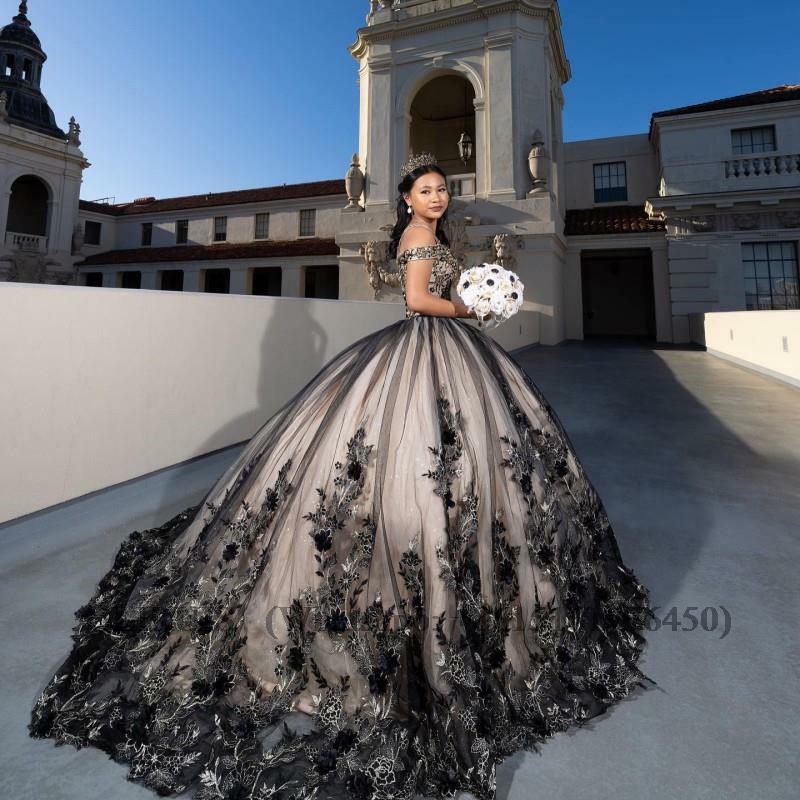 Doymeny Princesa Tulle vestido de baile, Vestidos Quinceanera, 15 Anos Apliques, 3 Flower Ballkleid Dress
