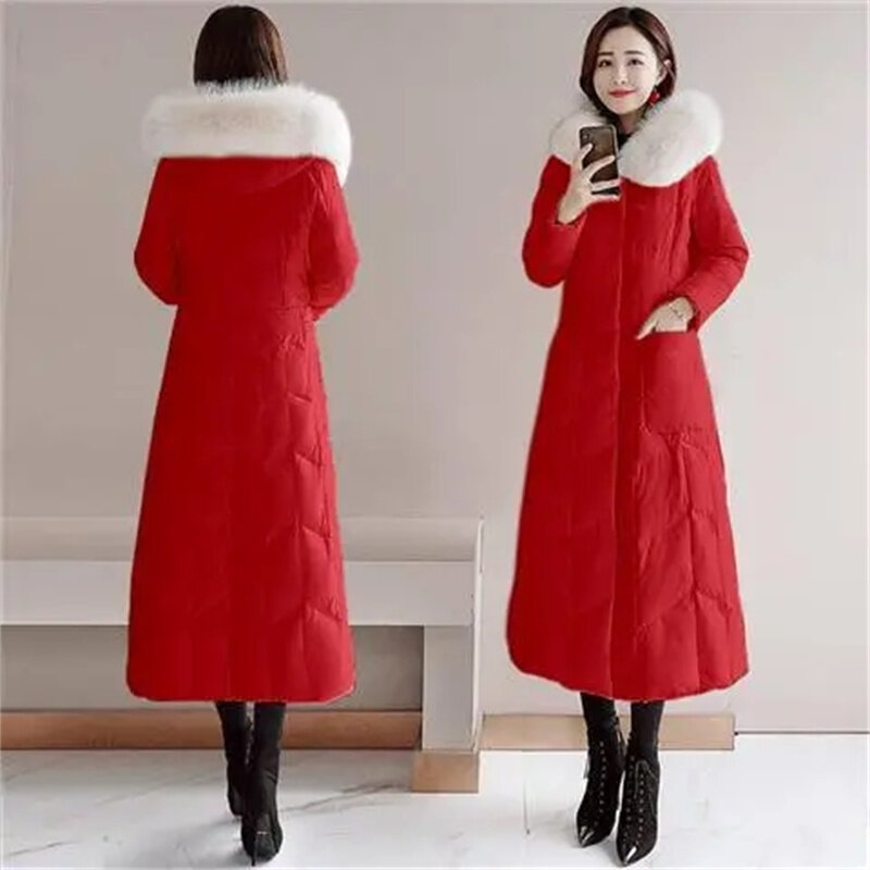 Down Cotton Jacket Women's Long 2023 Winter Outfit Slimming Down Looking Slimmer Over the Knee Large Wool Collar Cotton Jacket