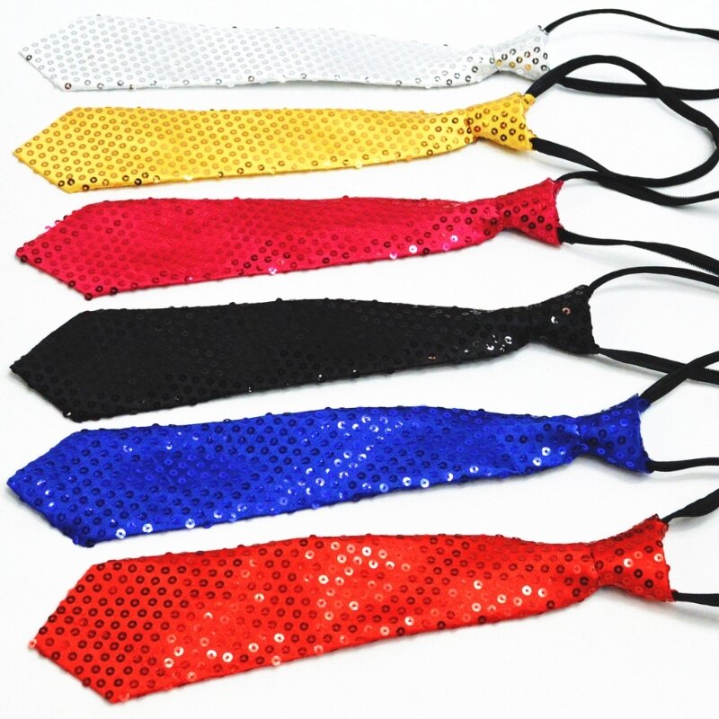 Men Women Shining Sequins Tie Stage Glitter Adjustable Zipper Closure Necktie Fashion Party Pre-Tied Neck Wear