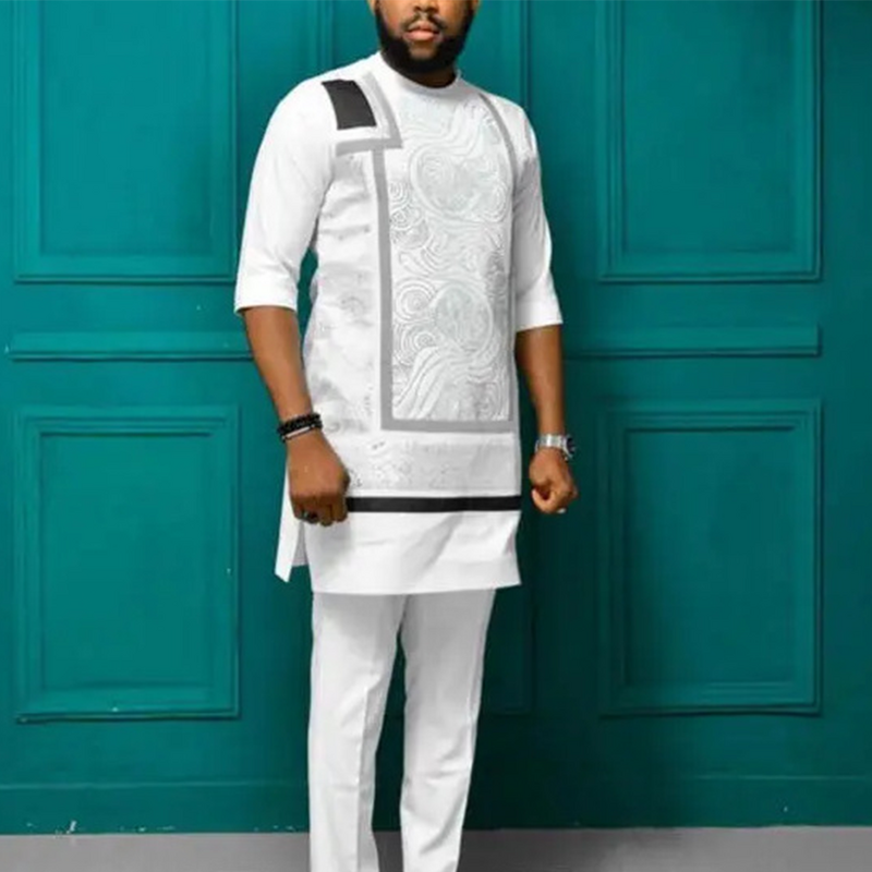 Blusa de manga curta masculina e calça branca, terno kaftan africano, dashiki, 2024