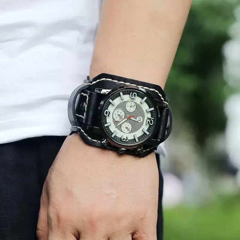 Relógio de quartzo de couro genuíno retrô masculino pulseira larga, relógio de pulso estilo punk, braceletes de couro, nova moda, 2023