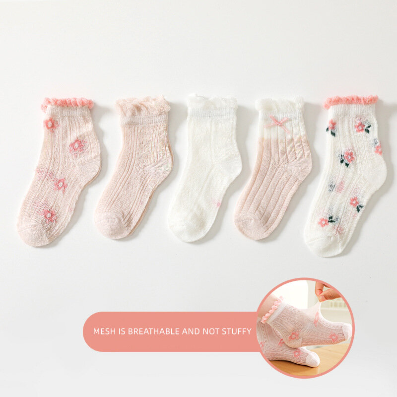 Детские носки 5 парт/Лот, весна-лето, хлопковые носки для девочек и мальчиков с милым цветочным рисунком для детей, детские сетчатые носки пр...
