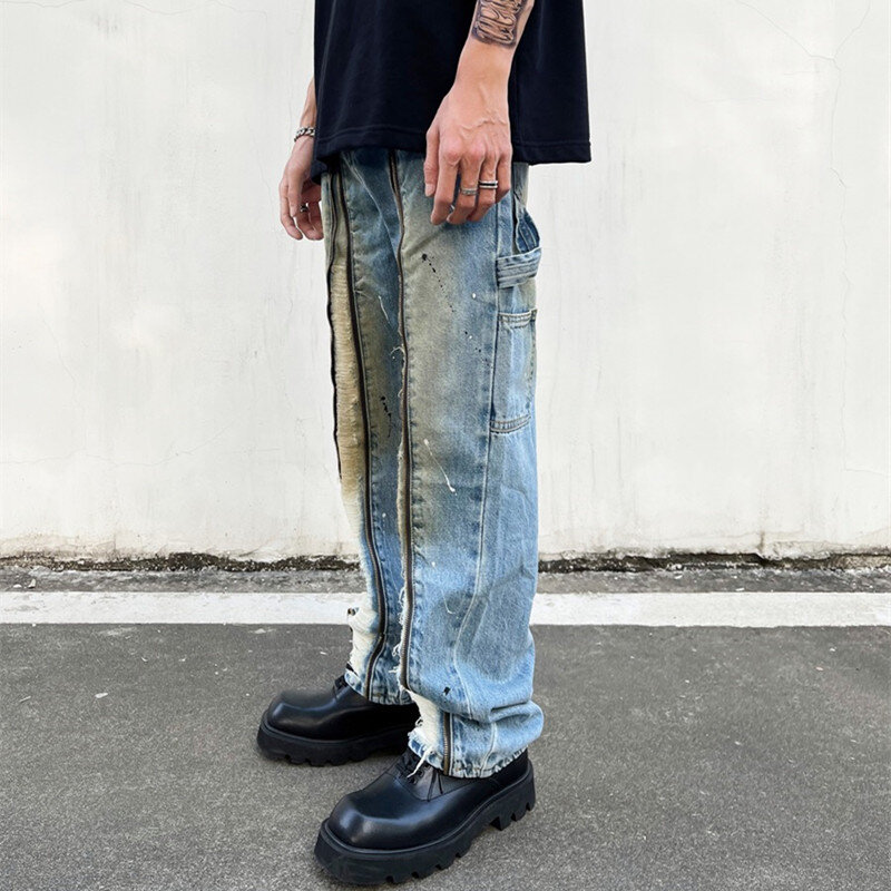 Ropa Grunge Y2K Streetwear Baggy Jeans pour hommes, pantalons cargo, fermeture à glissière avant, denim empilé Punk, fjPantalon zones me, 2023