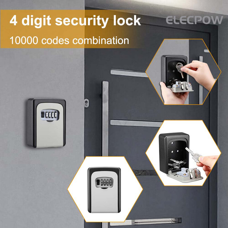 Elecpow 금속 소재 암호 잠금 보관함, 야외 방수 벽 마운트, 4 자리 암호 키 박스, 도난 방지 잠금 안전 상자