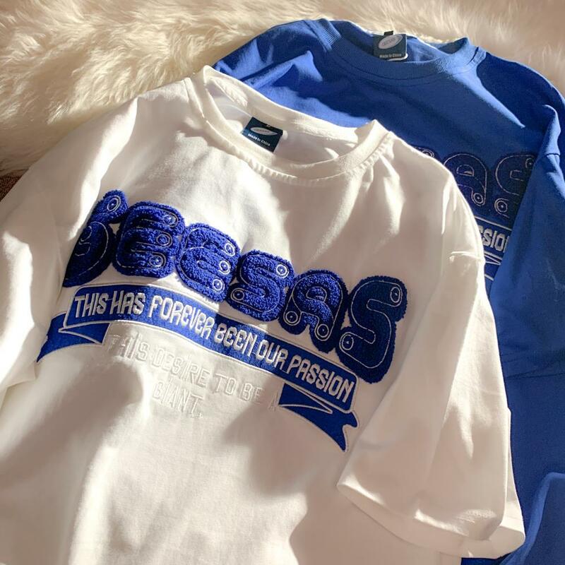 Camisetas bordadas de flocado azul Preppy para hombres y mujeres, Tops de manga corta de gran tamaño, Tops casuales de talla grande, moda de verano, Retro, Klein, 2022