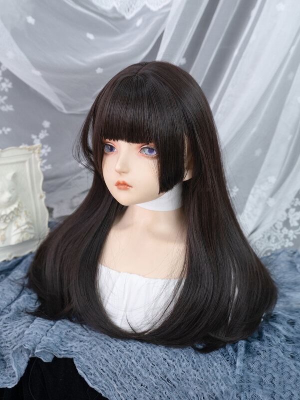 22Inch Black Color Hime Cut Synthetic Wigs with Bang Long Natural Straight Hair Wig for Women Daily Use Cosplay Heat Resistant