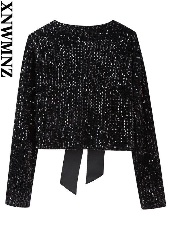 XNWMNZ moda donna 2023 giacca con paillettes tie-front donna high street o collo a maniche lunghe nastri larghi in grosgrain cappotto chic femminile