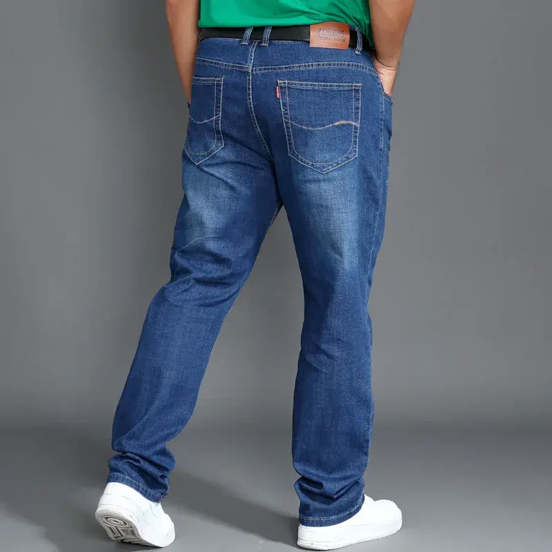 Calças jeans de cintura alta esticadas masculinas, roupas soltas retas, elásticas, leves, verão, primavera, verão, plus size 44, 46, 48