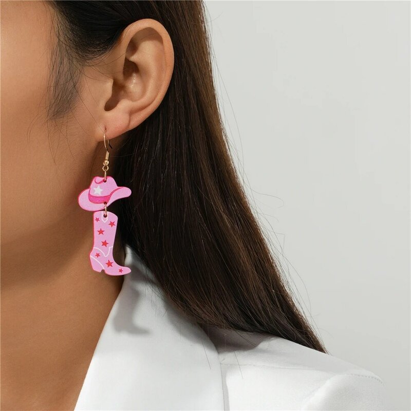 1 paio di orecchini acrilici stile denim occidentale alla moda e personalizzati, stivali cappello rosa