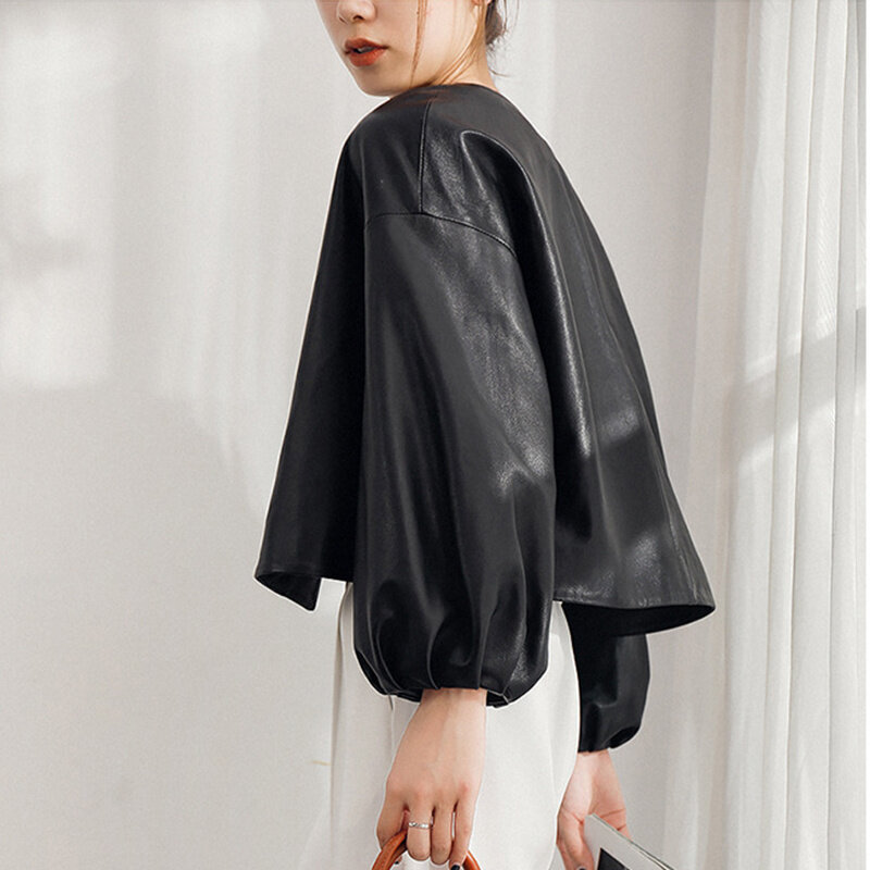 Krótki prawdziwy płaszcz skórzany damski 2023 wiosna koreański luźny Casual O-Neck latarnia rękaw kurtka z owczej skóry odzież damska