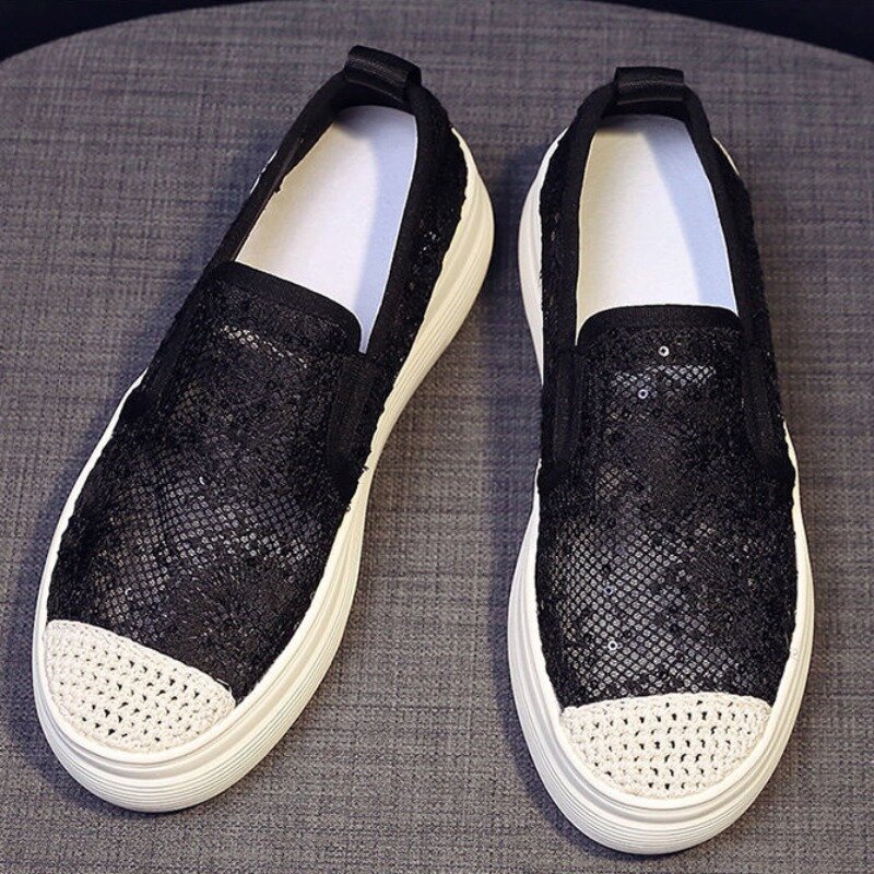 Comemore 2024 Comfortable Spring Summer New Women's Flat Shoes Thick Bottom Lace Mesh Loafers Shoe Female Slip on Sneakers Black