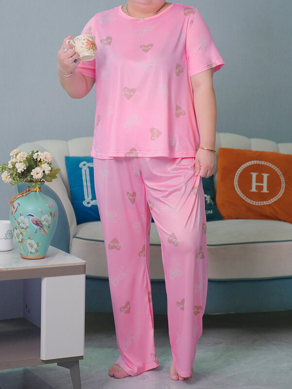 Conjunto de pijama de talla grande con manga corta y pantalones largos, ropa de casa de estilo para niña, se puede usar en exteriores con material de seda de leche