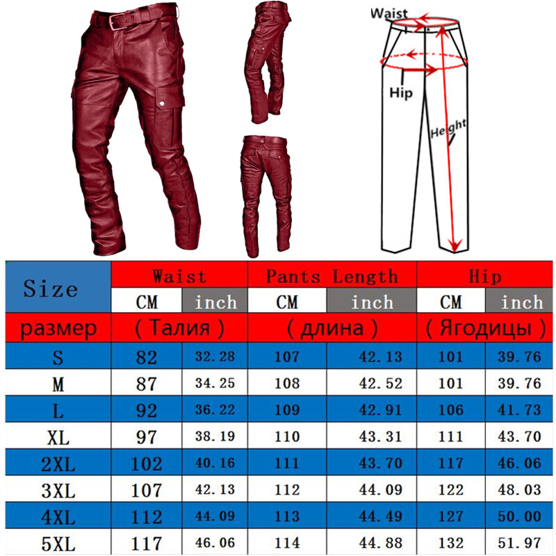 Men's Leather Motorcycle Pants with Cargo Pockets, Black, PU Pants  No Belt, Men Trousers Big Size S-5XL