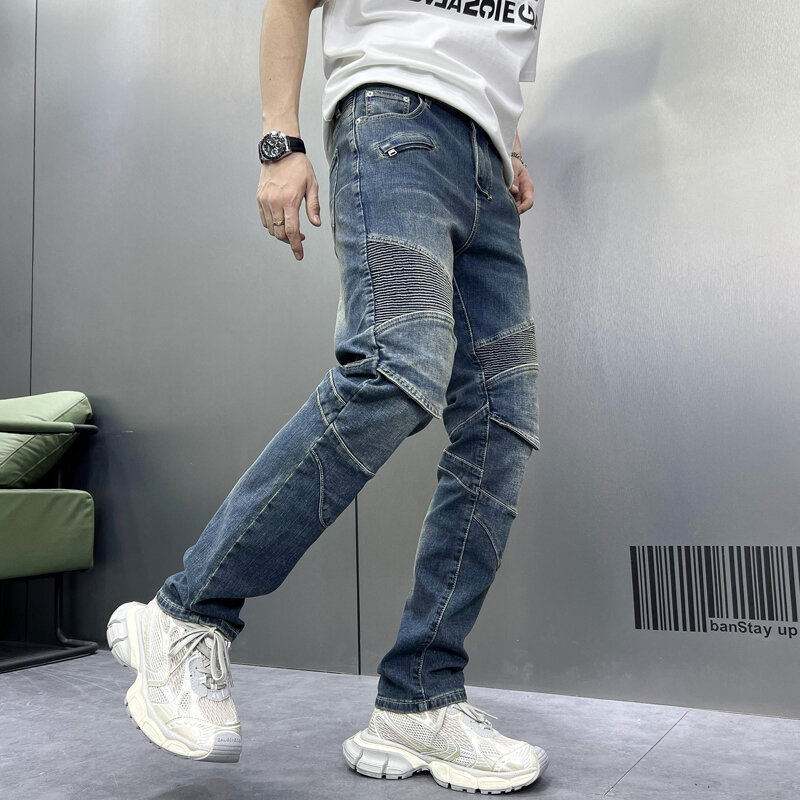 Jeans pengendara sepeda motor retro biru, celana panjang desain lipit perca kasual meregang lurus ramping untuk men2024baru