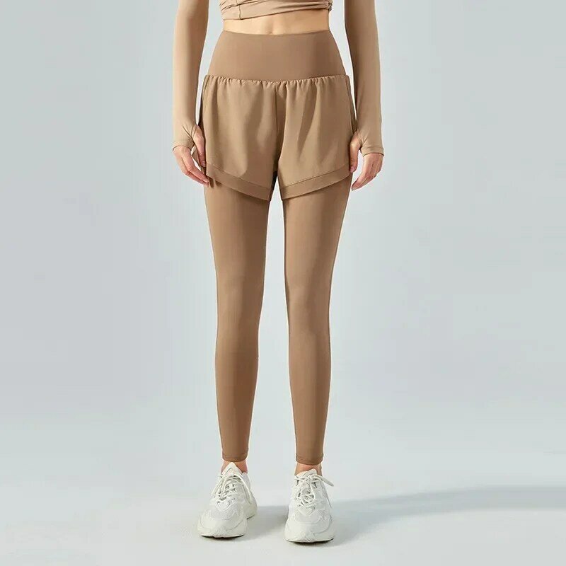 Поддельные штаны для йоги из двух частей женские тонкие штаны с высокой талией для тренировок на бедрах бесшовные летние брюки телесного цвета