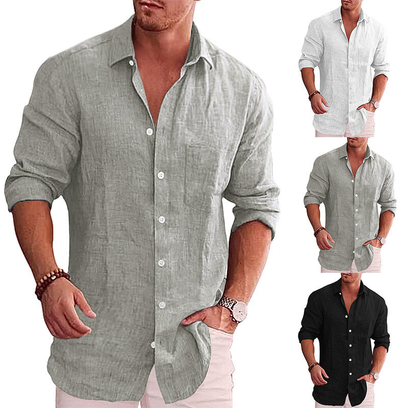 Men's Single Breasted Solid Color Lapel Long Sleeved Shirt Spring And Autumn Men's Casual Beach Shirt Clothing For Man