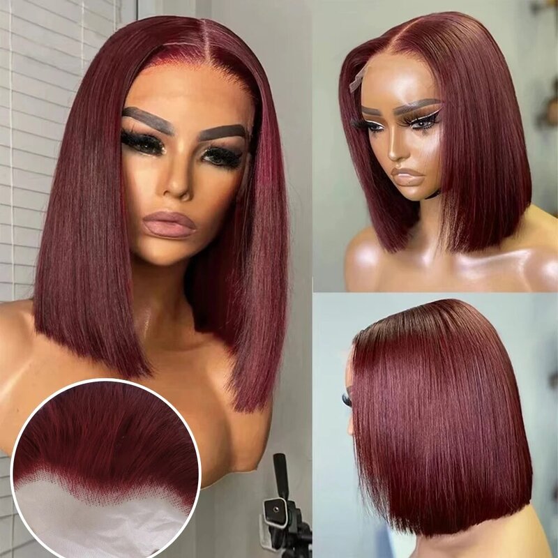 Wear Go Glueless Wig 99J Burgundy Short Bob Wig 13X4 Lace Front Wigs For Black Women Brazilian Human Hair Red Highlighted Color